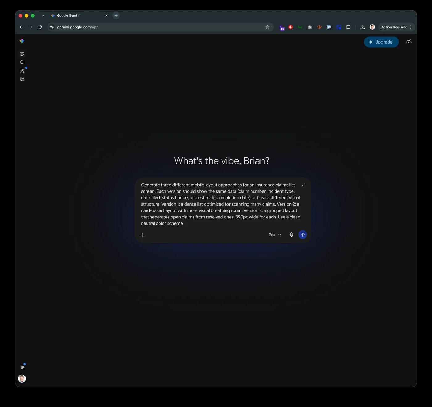 Gemini Advanced at gemini.google.com with the three-layout insurance claims prompt entered in full