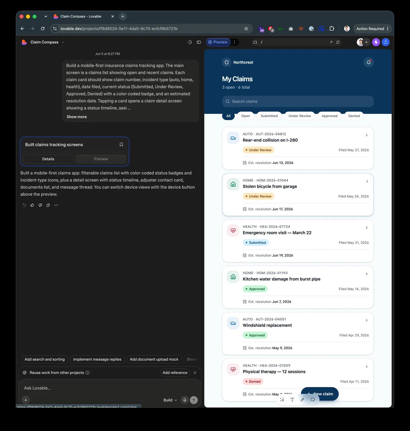 Lovable with the generated Claim Compass app in the right preview panel, showing the claims list screen with color-coded status badges and the conversation on the left