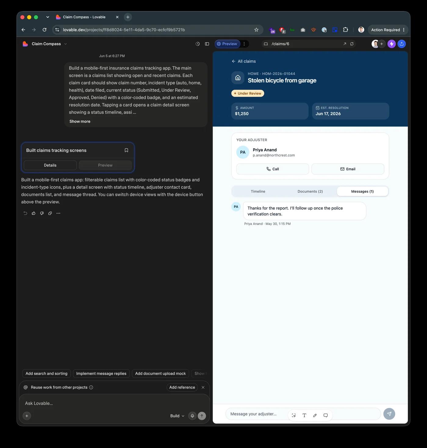 Lovable preview showing the claim detail screen with the Messages tab active, displaying an adjuster message thread
