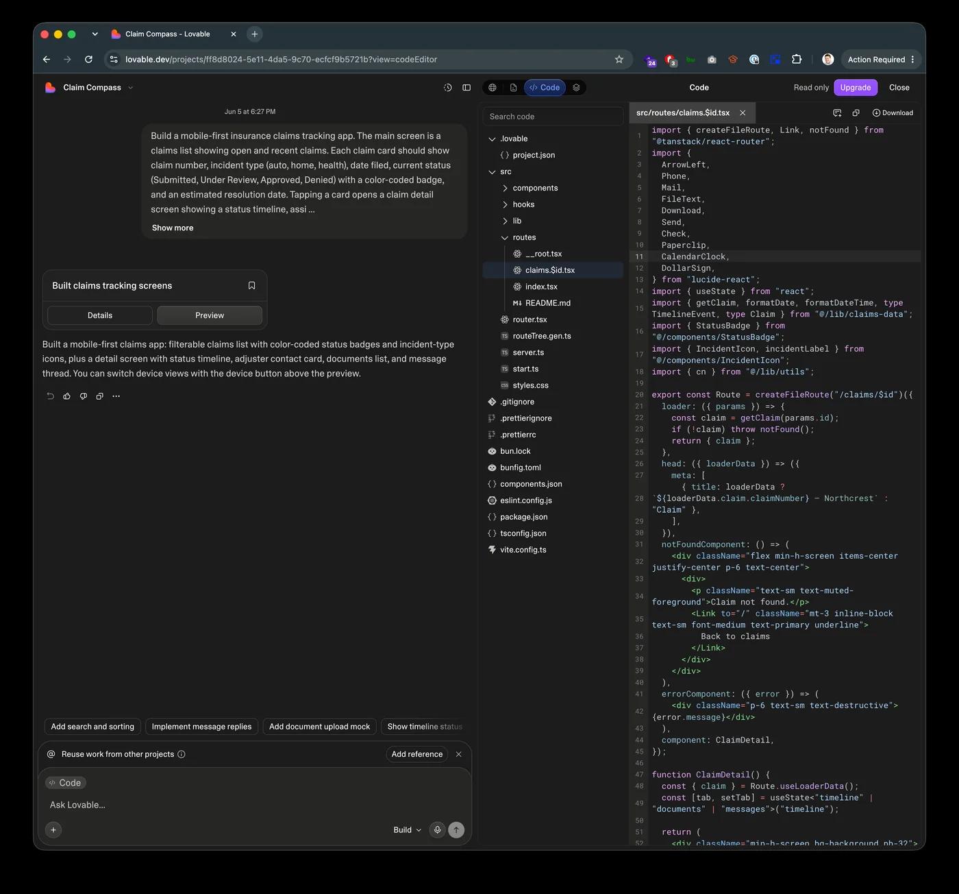 Lovable's code view open showing the full React file tree and the ClaimDetail component source code