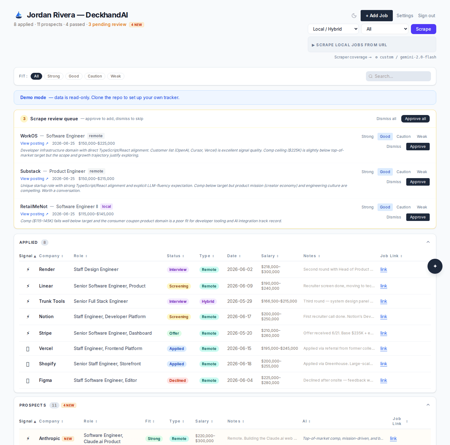 Job board — developer user, dark mode