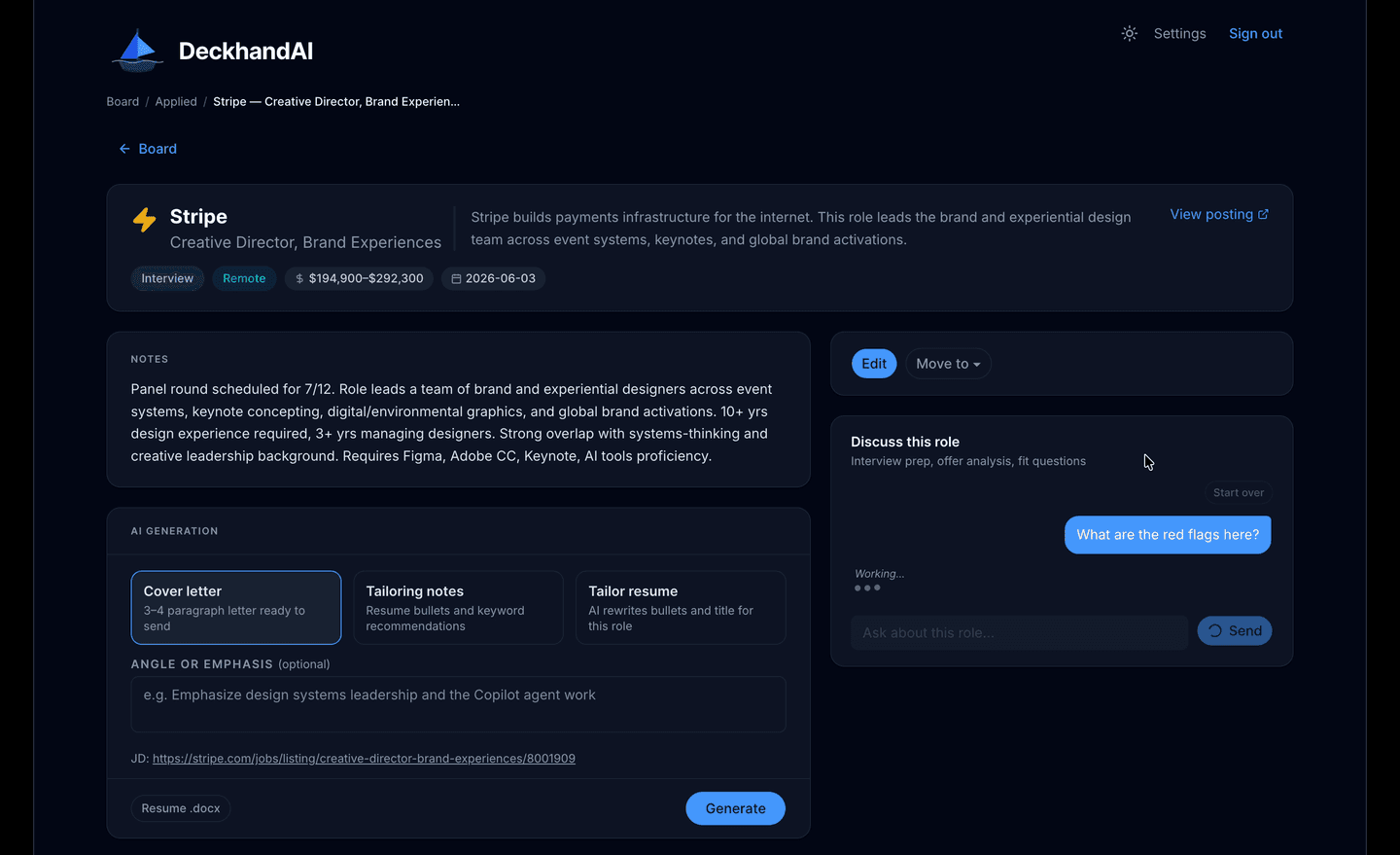 DeckhandAI job detail page, dark mode, with the AI chat assistant discussing interview red flags