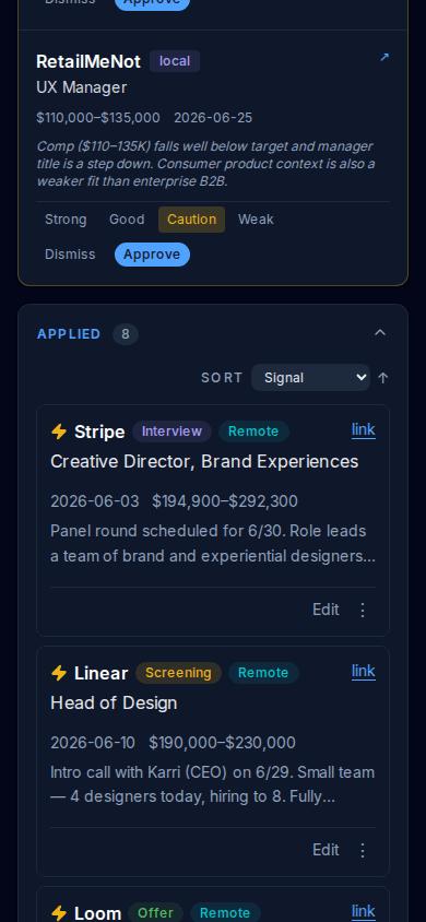 DeckhandAI job board on mobile, dark mode, showing applied roles