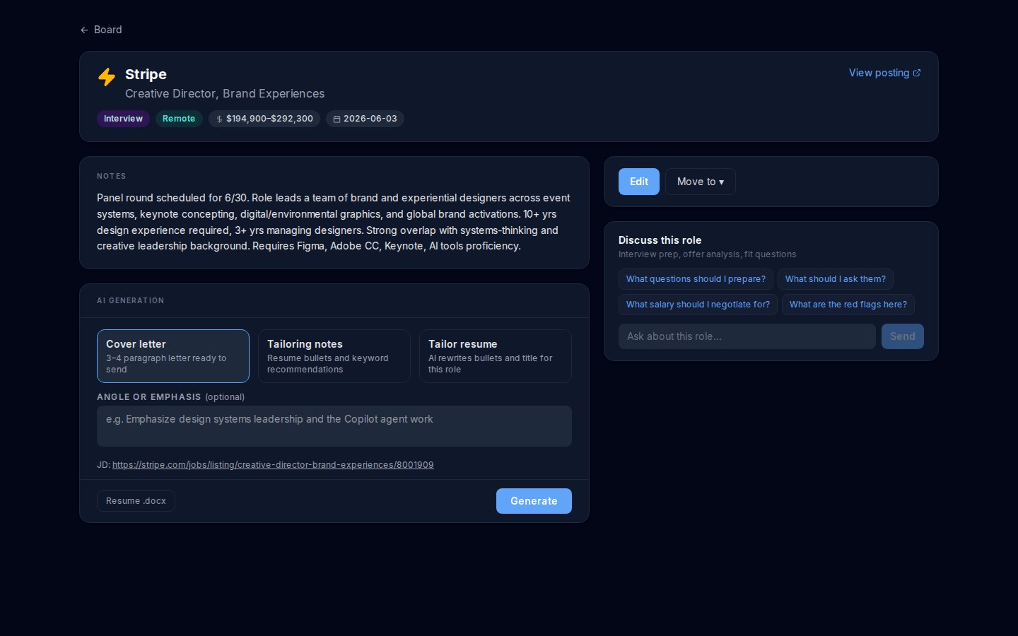 Job detail — interview stage, dark mode