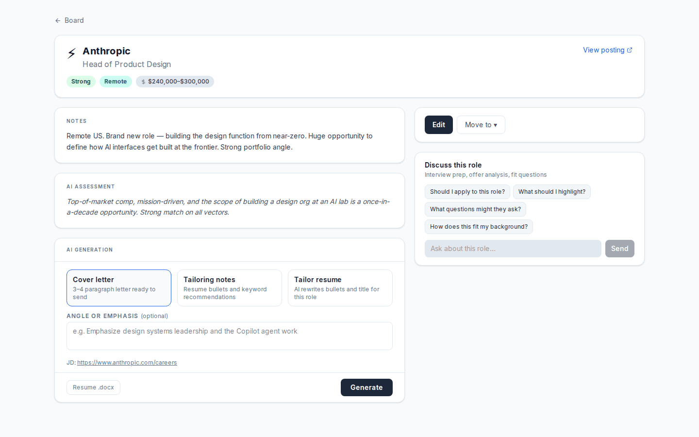 Job detail, light mode. AI fit assessment, cover letter, and tailoring notes for a prospect role.