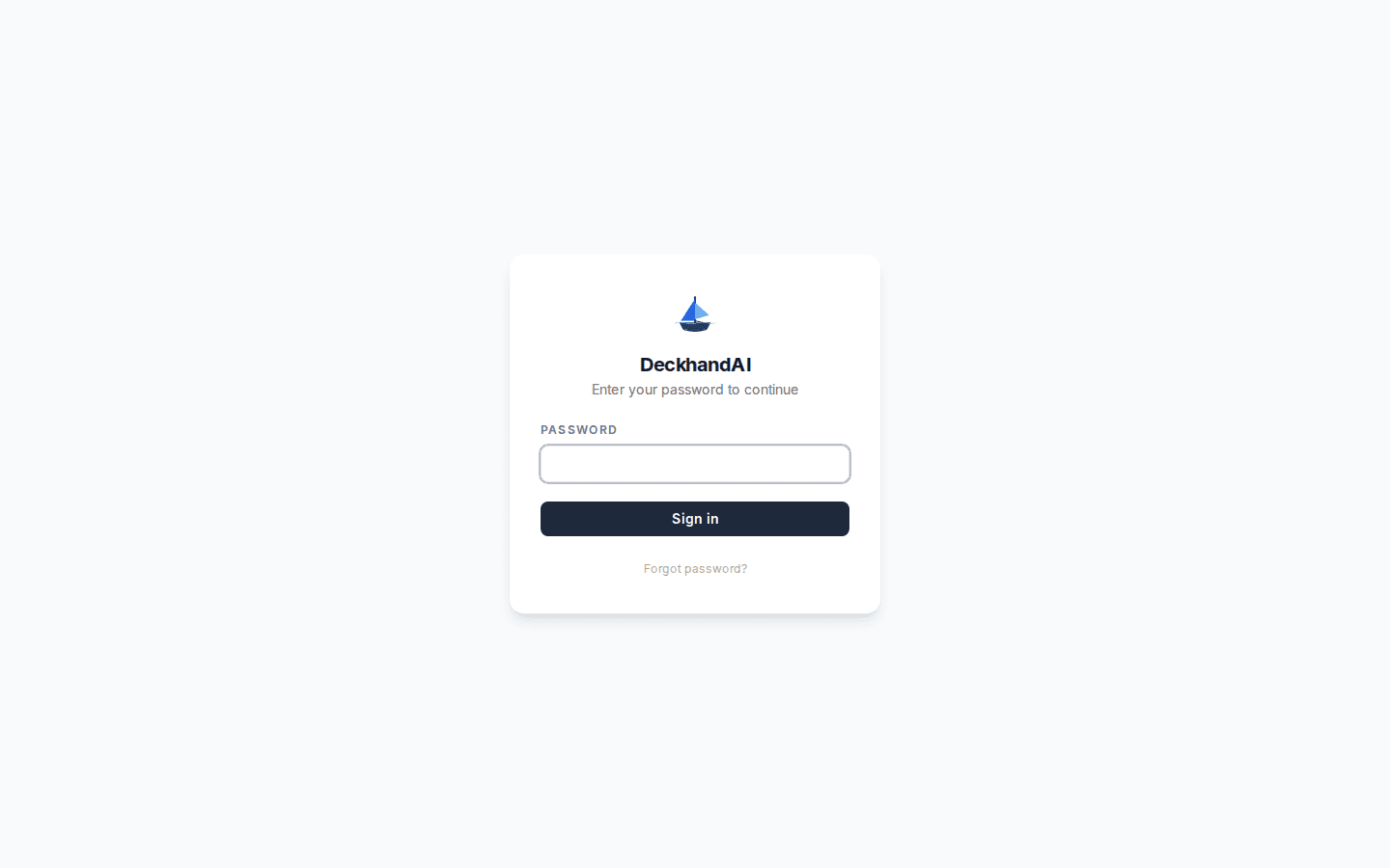 Login. Single password auth via iron-session, simple by design for a self-hosted personal tool.