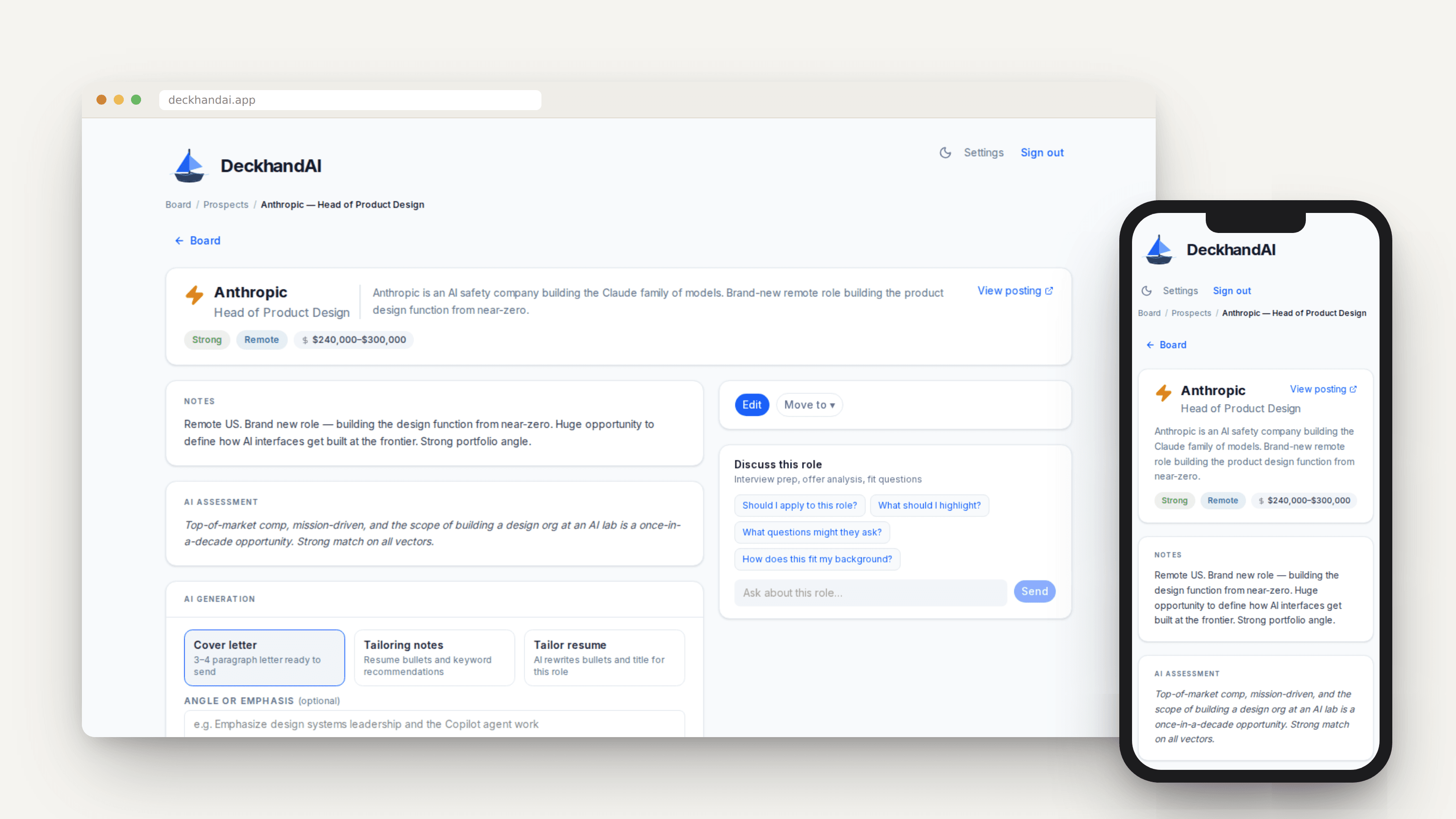 A job detail page showing the AI fit assessment and generated notes for a prospect role, on desktop and mobile