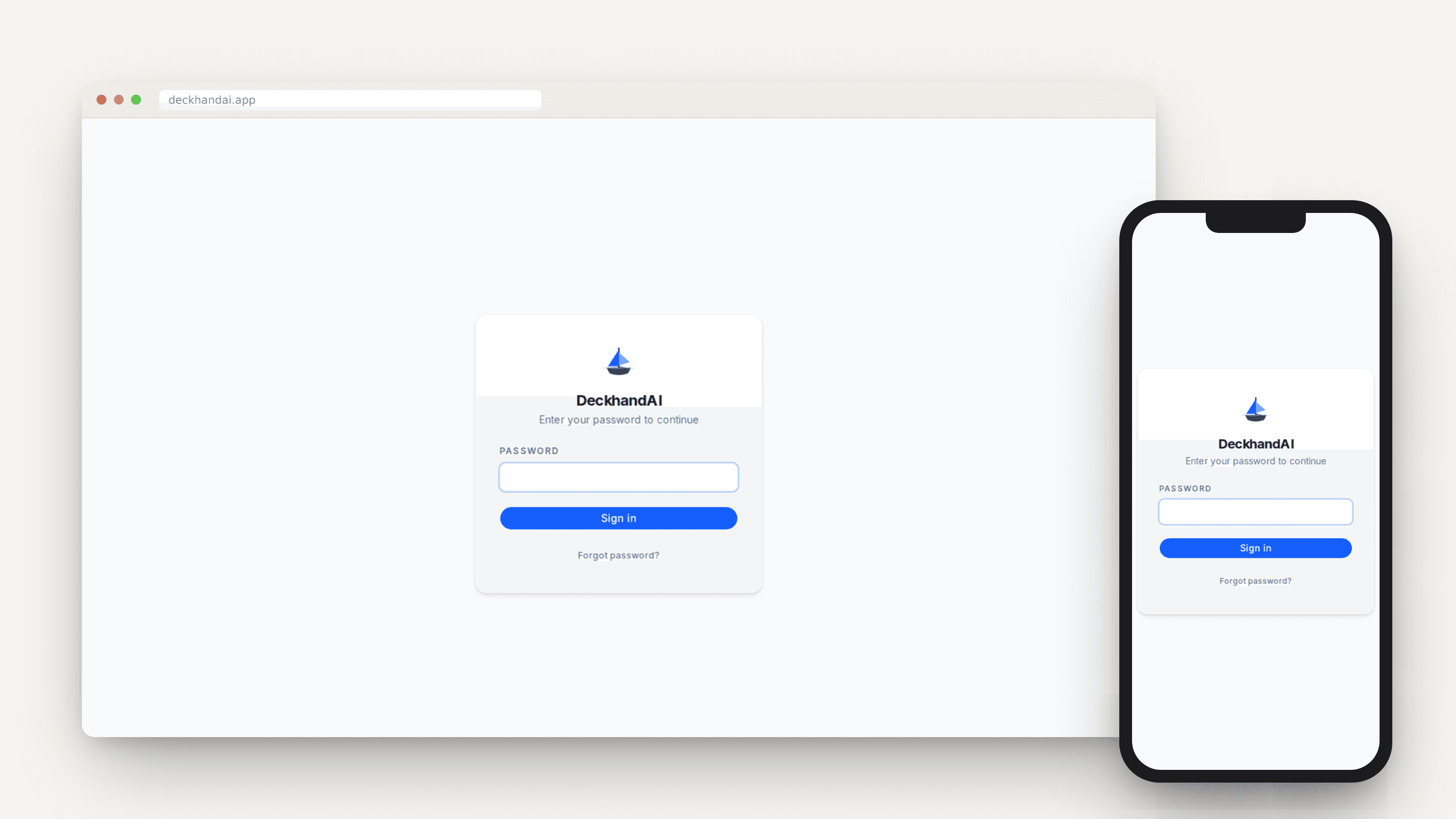 Login, desktop and mobile. Single password auth via iron-session, simple by design for a self-hosted personal tool.