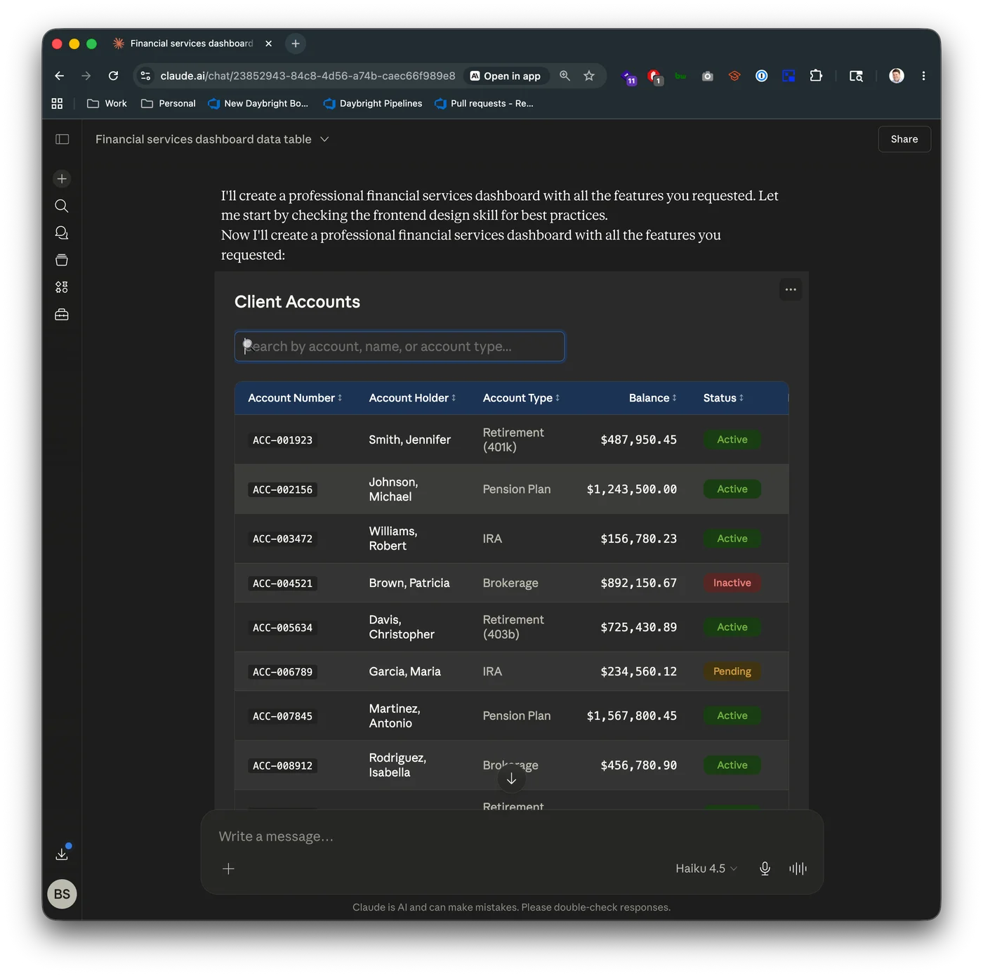 Claude's response showing a rendered financial data table directly in the chat interface