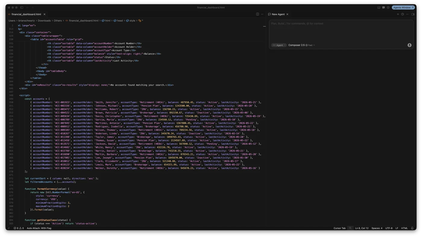 Cursor editor with table.html open in the main panel and the AI chat panel visible on the right