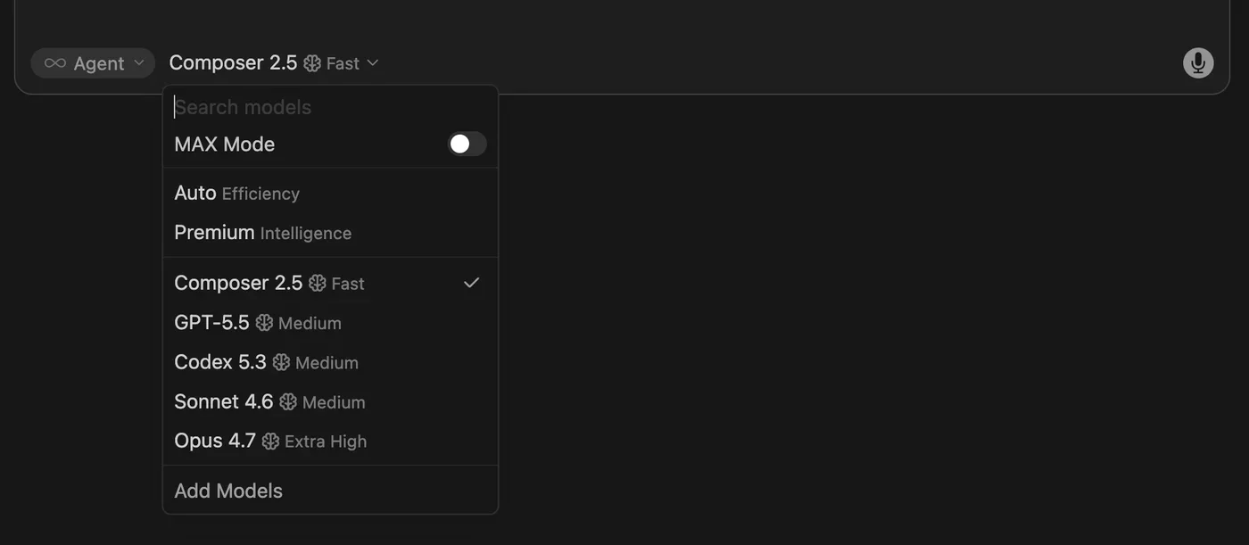Cursor's model picker dropdown showing Claude, GPT-4o, Gemini, and other available models