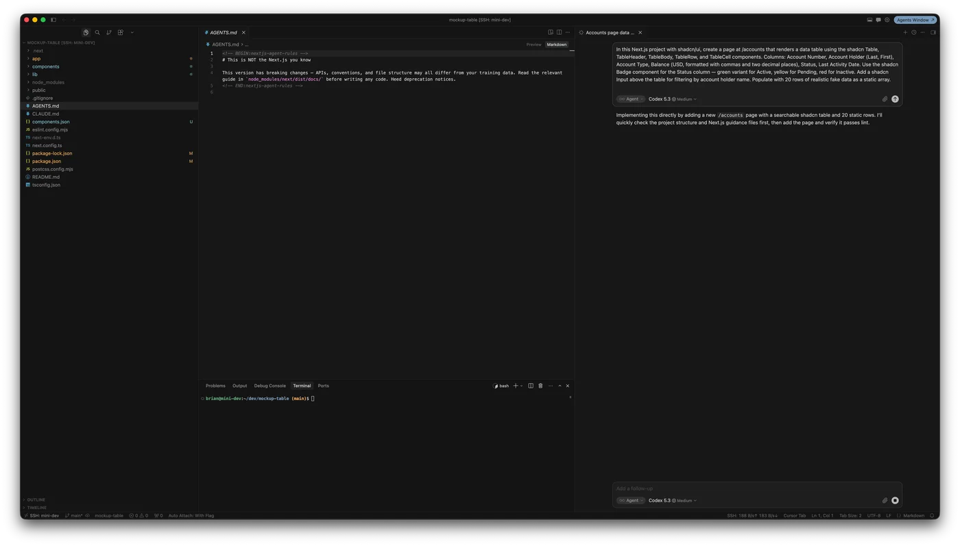 Cursor open with a Next.js project, showing the file tree, the shadcn accounts page prompt in the AI chat panel, and the editor