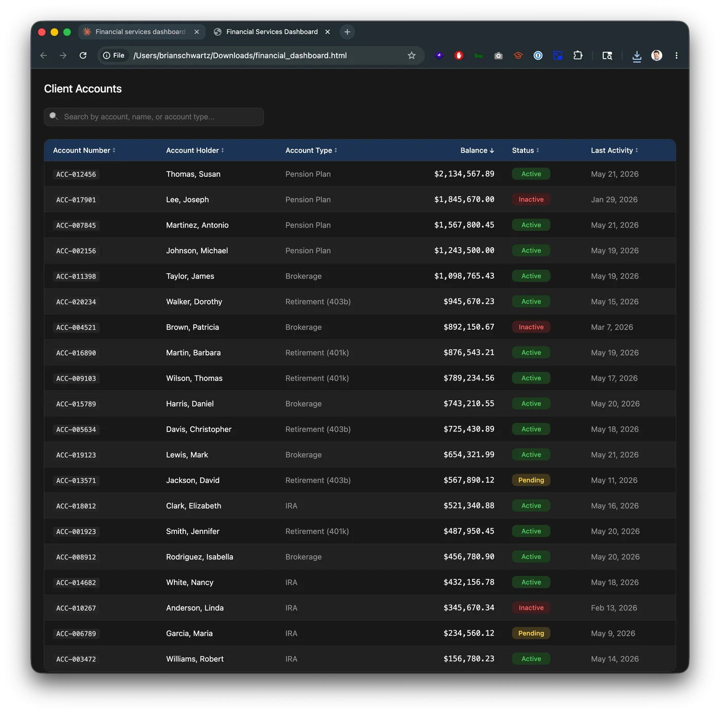 The generated table.html file open in a browser showing a complete financial accounts table with search bar, sortable columns, and status badges