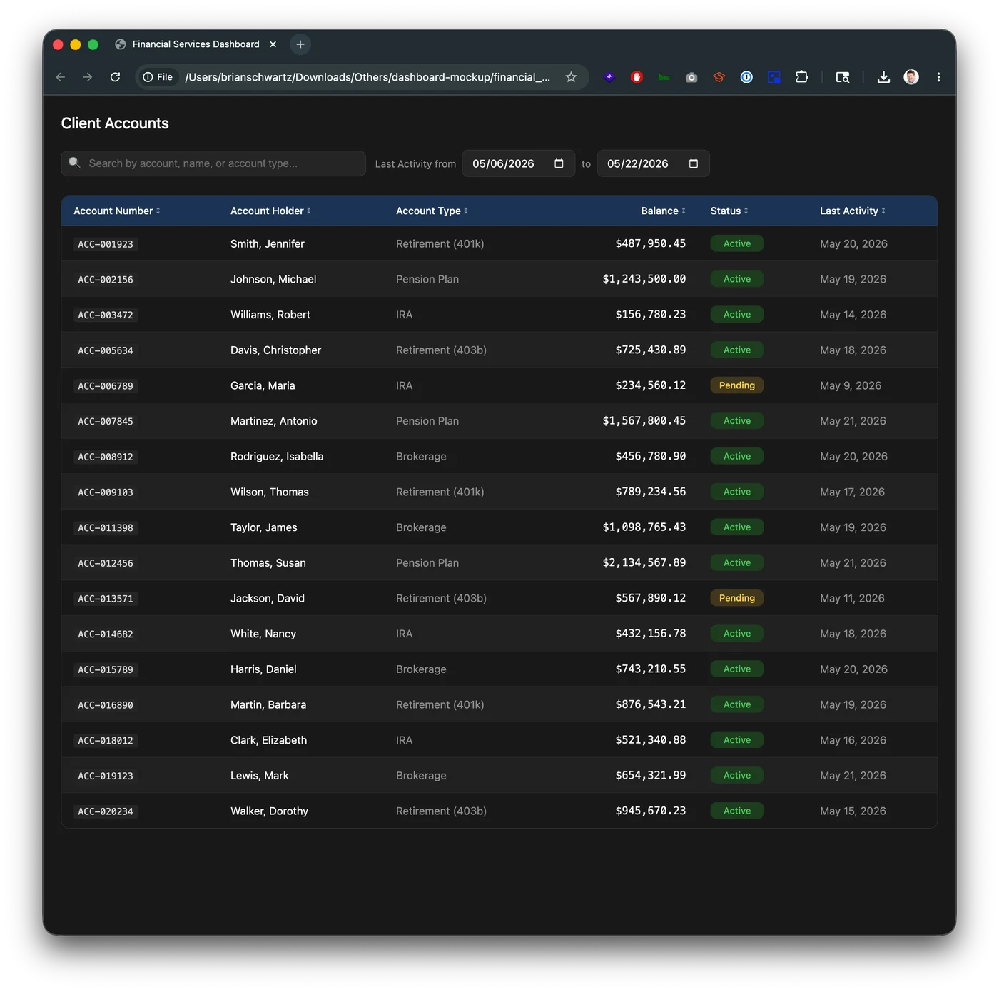 The updated table in the browser with a date range filter visible above the data rows