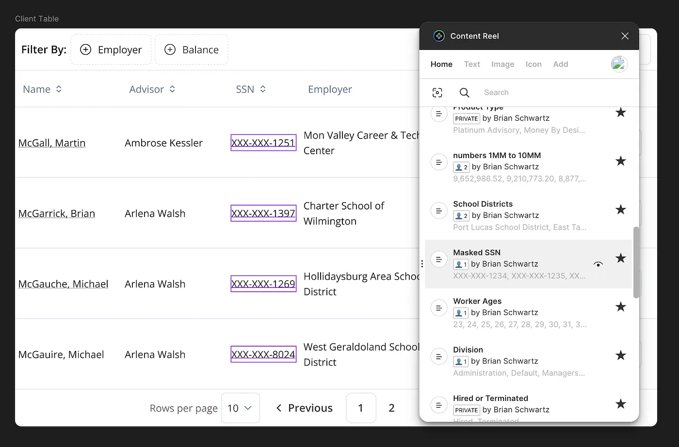 Figma canvas showing a Client Table mockup with the Content Reel panel open and the Masked SSN dataset selected, populating SSN fields with realistic masked values