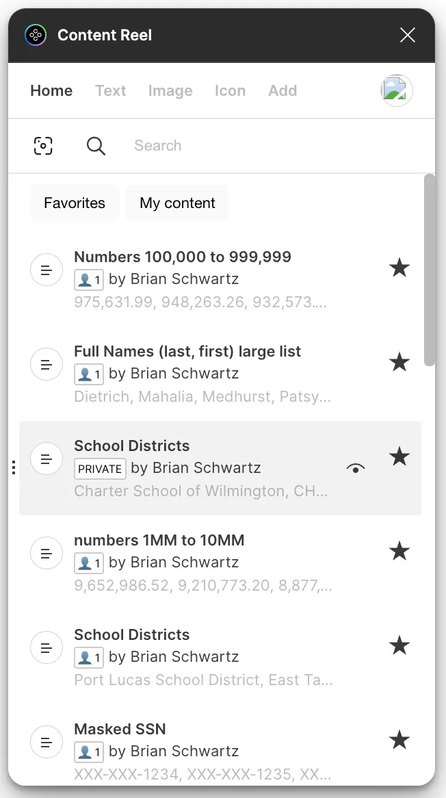 Content Reel plugin showing the My content tab with custom datasets including Numbers 100,000 to 999,999, Full Names (last, first), School Districts (Private), and Masked SSN
