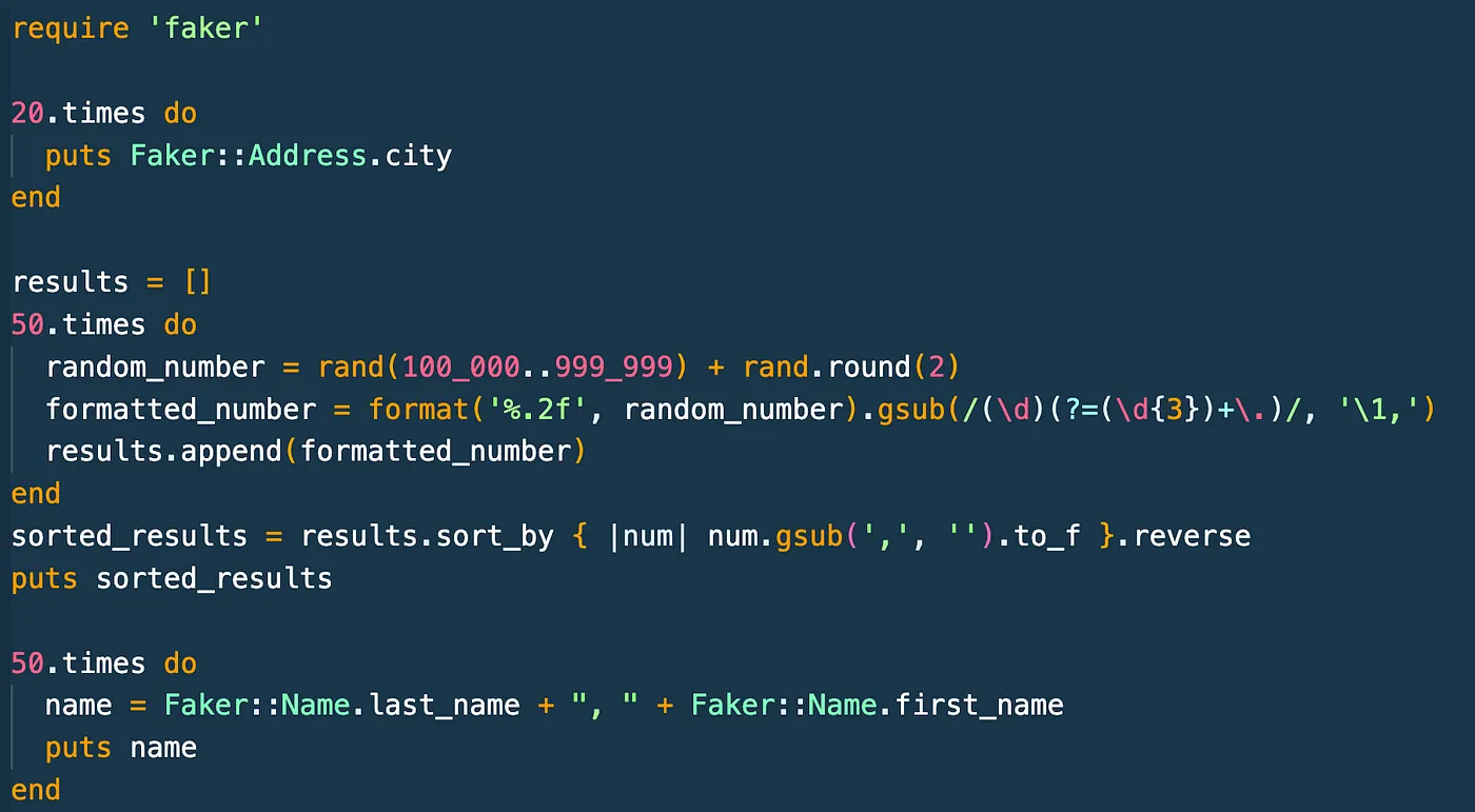 Ruby Faker script generating city names, formatted dollar amounts sorted descending, and full names in Last, First format