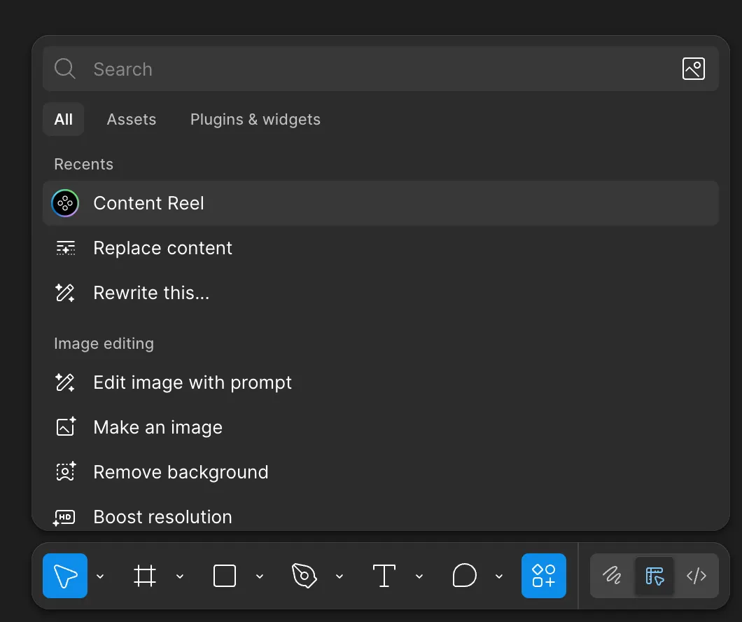 Figma plugins menu showing Content Reel in the Recents section alongside Replace content and other options