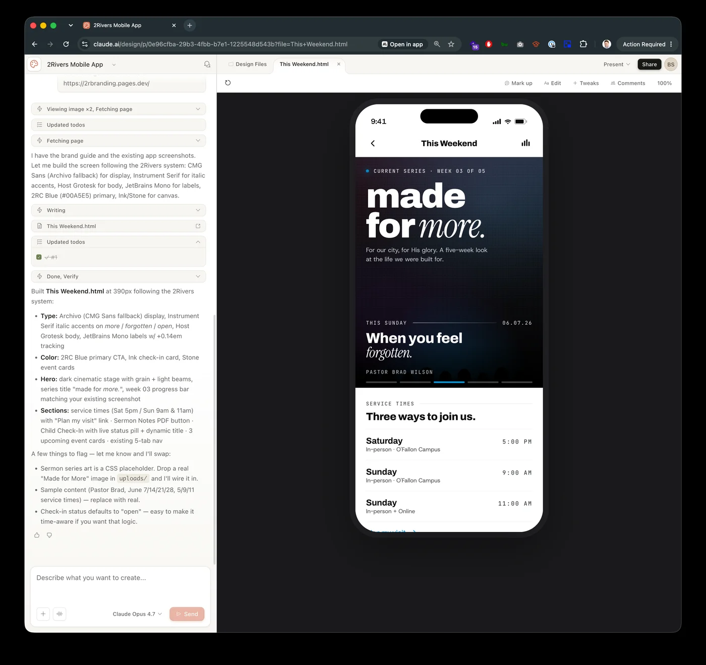 The rendered This Weekend mobile screen artifact in Claude's right panel at 390px width, showing the sermon hero area and service sections below