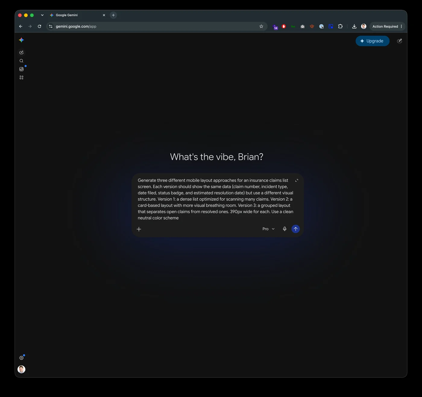 Gemini Advanced at gemini.google.com with the three-layout insurance claims prompt entered in full