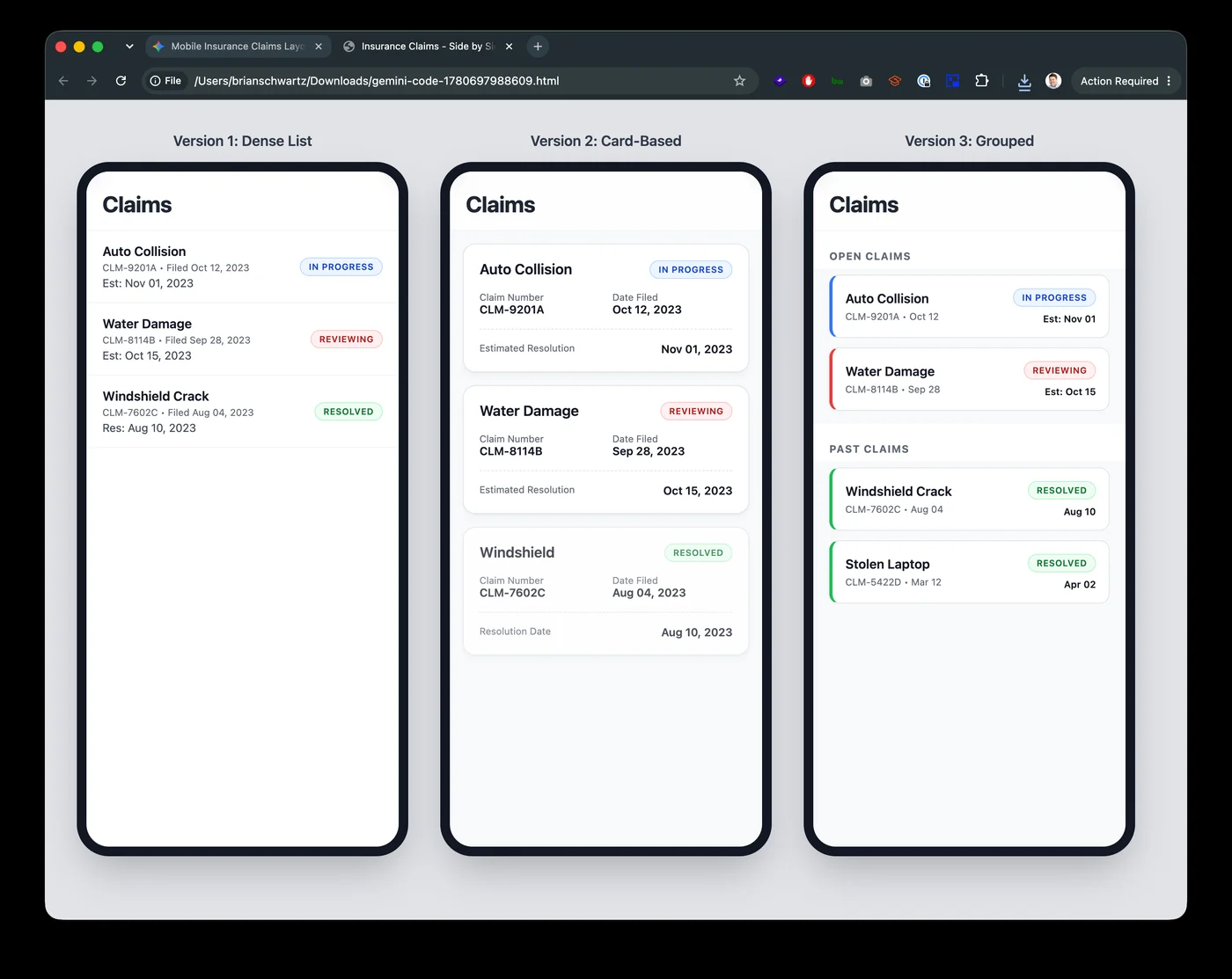 Three generated HTML insurance claims screens open side by side in a browser at 390px each, showing the dense list, card, and grouped layout approaches