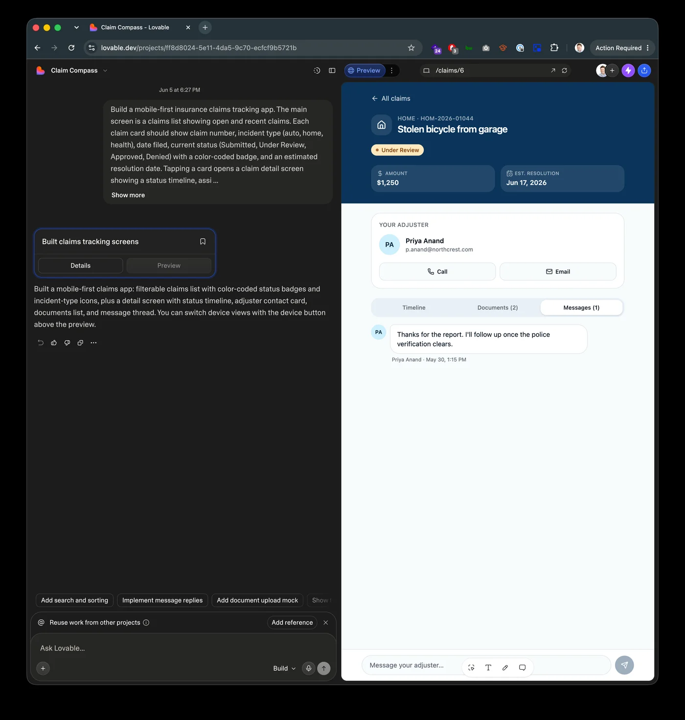 Lovable preview showing the claim detail screen with the Messages tab active, displaying an adjuster message thread