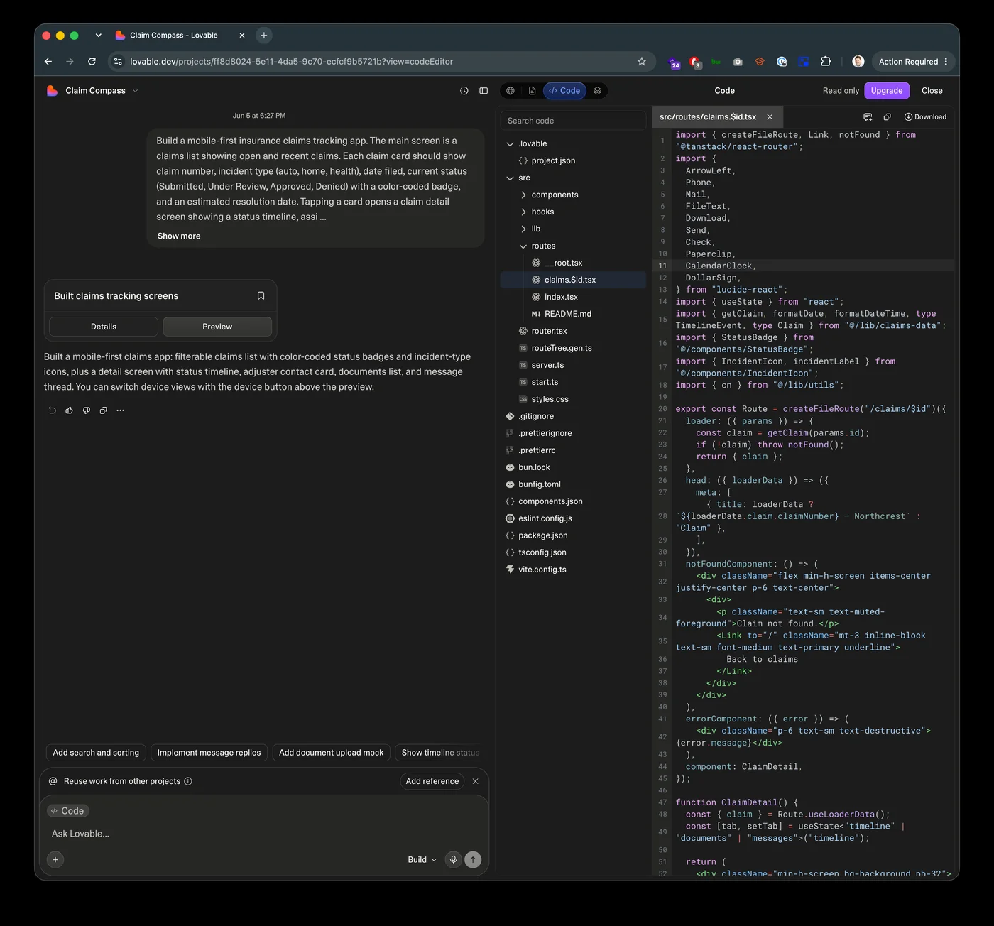 Lovable's code view open showing the full React file tree and the ClaimDetail component source code