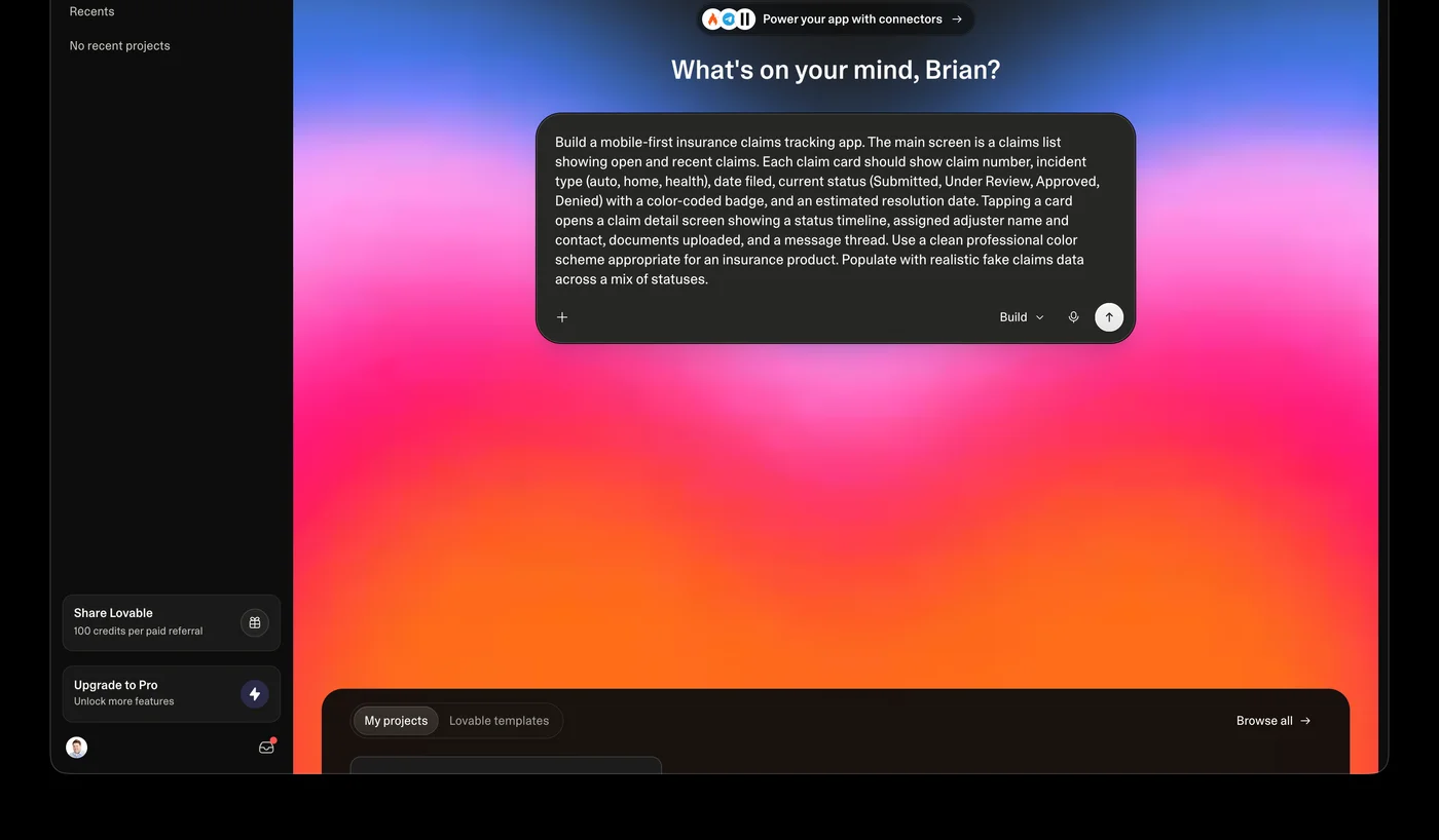 Lovable dashboard at lovable.dev/dashboard with the insurance claims app prompt entered in the input field
